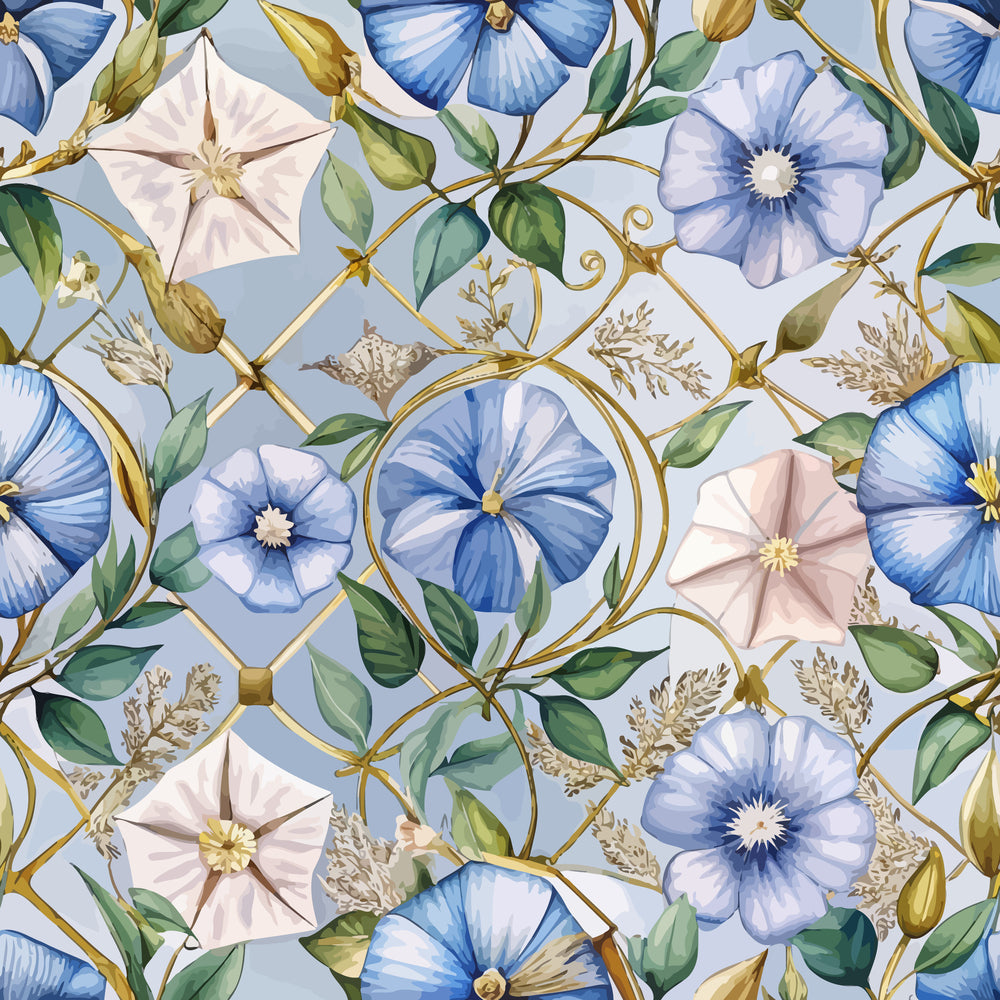 periwinkle blue, pale pink, sage green, golden yellow, morning glory flowers, geometric circles, art deco style, botanical motif,, fabric panel, floral pattern, vine tendrils, watercolor effect, soft pastels, decorative blooms, garden flowers, intricate design, repeating pattern, craft fabric, sewing material