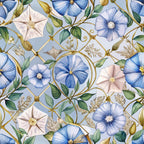 periwinkle blue, pale pink, sage green, golden yellow, morning glory flowers, geometric circles, art deco style, botanical motif,, fabric panel, floral pattern, vine tendrils, watercolor effect, soft pastels, decorative blooms, garden flowers, intricate design, repeating pattern, craft fabric, sewing material