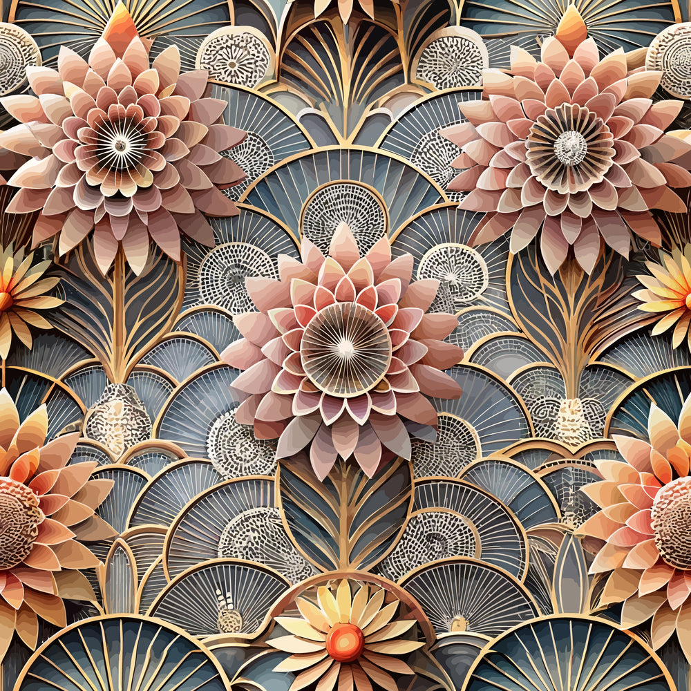 art deco, floral pattern,, fabric panel, geometric flowers, fan motifs, coral pink, dusty rose, gold accents, navy blue, cream, layered petals, radiating designs, dimensional florals, ornate details, vintage style, decorative elements, repeating pattern, botanical motifs, luxury aesthetic