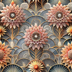 art deco, floral pattern,, fabric panel, geometric flowers, fan motifs, coral pink, dusty rose, gold accents, navy blue, cream, layered petals, radiating designs, dimensional florals, ornate details, vintage style, decorative elements, repeating pattern, botanical motifs, luxury aesthetic