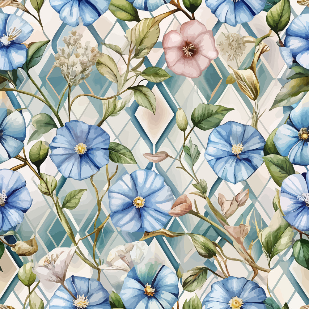 blue flowers, pink flowers, white flowers, green leaves, geometric background, diamond pattern, art deco style, floral motif, morning glories, botanical design,, fabric panel, watercolor style, soft pastels, vintage inspired, elegant florals, branching vines, delicate blooms