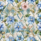 blue flowers, pink flowers, white flowers, green leaves, geometric background, diamond pattern, art deco style, floral motif, morning glories, botanical design,, fabric panel, watercolor style, soft pastels, vintage inspired, elegant florals, branching vines, delicate blooms