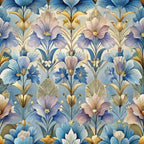 art deco, floral pattern, blue flowers, purple blooms, golden accents, watercolor style, lilies, botanical design, soft pastels, lavender petals, azure blue, cream background, stylized flowers, elegant florals,, fabric panel, vintage inspired, decorative motifs, flowing design, ornamental pattern