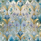 art deco, floral pattern, blue flowers, teal blooms, golden accents, cream background, stylized botanicals, geometric florals, vintage inspired,, fabric panel, elegant motifs, botanical design, decorative flowers, luxury pattern, sophisticated palette, ornate details, repeating motif, textile design, crafting fabric
