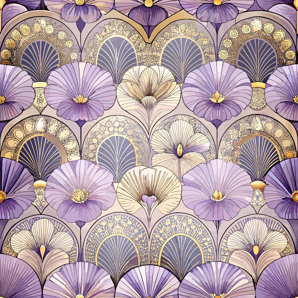 purple, lavender, cream, gold, art deco, floral pattern, geometric flowers, fan motifs, ornate details,, fabric panel, stylized blooms, decorative arches, vintage style, repeating pattern, scalloped design, botanical elements, intricate artwork, coordinated colors