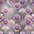 lavender, purple, gold, art deco, floral pattern, geometric circles, fan motifs, five-petaled flowers,, fabric panel, vintage style, elegant design, repeating pattern, botanical elements, lilac blooms, ornate details, decorative motifs, sophisticated palette, craft fabric