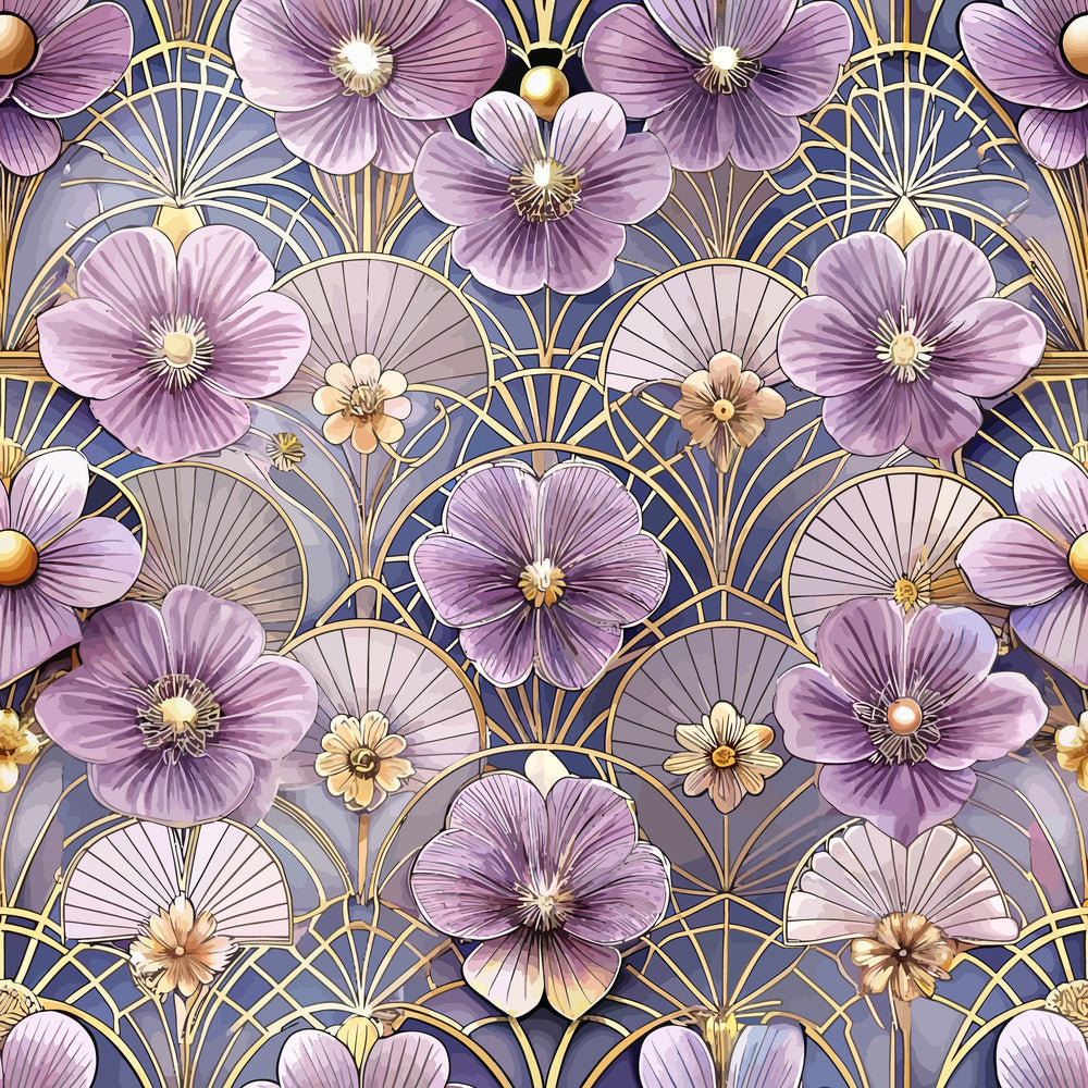 lavender, purple, gold, art deco, floral pattern, geometric circles, fan motifs, five-petaled flowers,, fabric panel, vintage style, elegant design, repeating pattern, botanical elements, lilac blooms, ornate details, decorative motifs, sophisticated palette, craft fabric