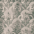 sage green, beige, taupe, art deco, fan motifs, botanical pattern, tropical leaves, palm fronds, floral design, vintage style, geometric elements, repeating pattern,, fabric panel, muted tones, exotic plants, decorative foliage, elegant motifs, nature inspired, sophisticated palette