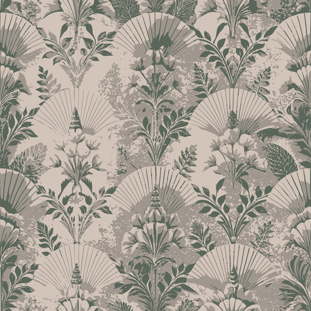 sage green, beige, taupe, art deco, fan motifs, botanical pattern, tropical leaves, palm fronds, floral design, vintage style, geometric elements, repeating pattern,, fabric panel, muted tones, exotic plants, decorative foliage, elegant motifs, nature inspired, sophisticated palette