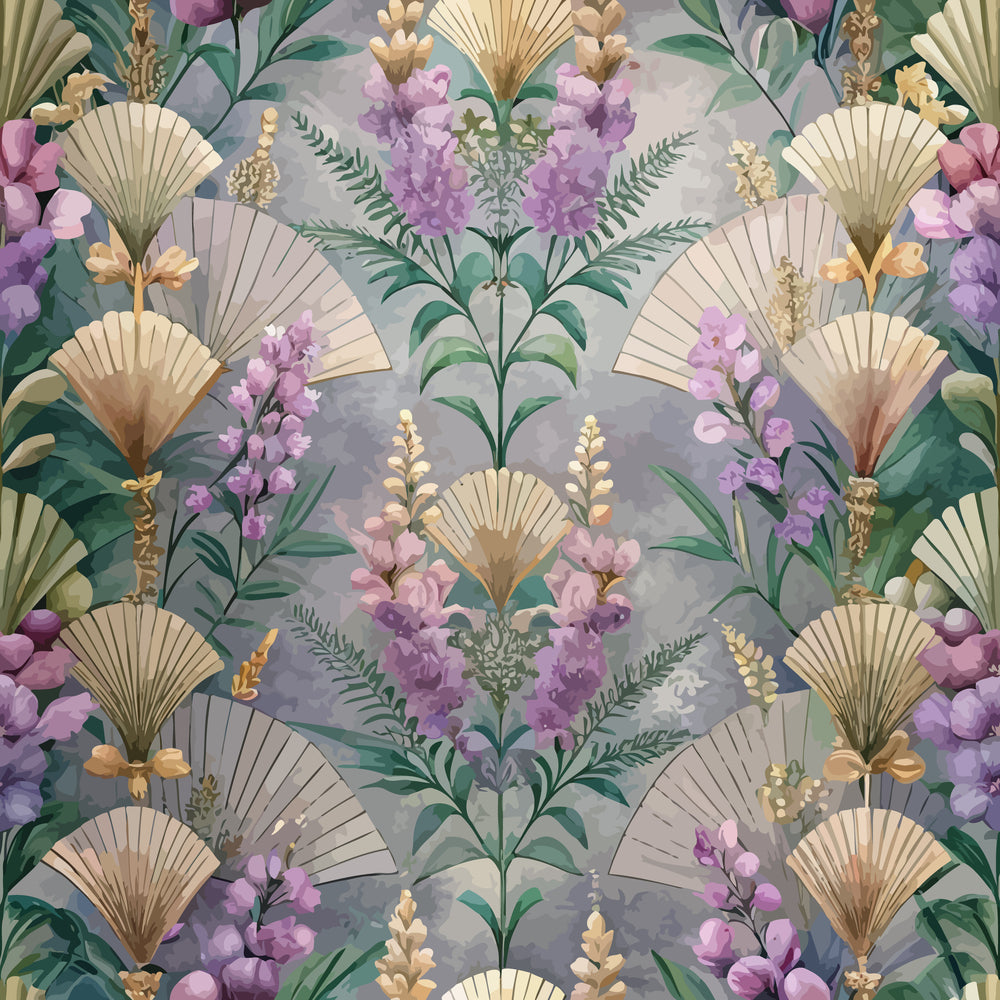 art deco, floral pattern, purple flowers, lavender blooms, golden fans, sage green, cream background, botanical design, geometric fans, tropical leaves, ornate florals,, fabric panel, vintage style, decorative motifs, repeating pattern, elegant design, soft pastels, nature inspired, crafting fabric