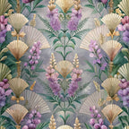 art deco, floral pattern, purple flowers, lavender blooms, golden fans, sage green, cream background, botanical design, geometric fans, tropical leaves, ornate florals,, fabric panel, vintage style, decorative motifs, repeating pattern, elegant design, soft pastels, nature inspired, crafting fabric