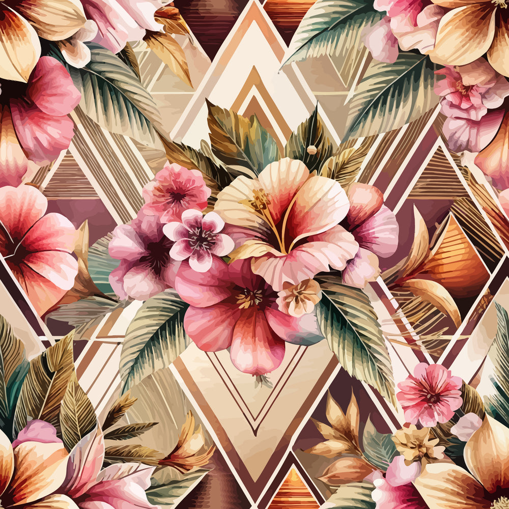 pink flowers, coral blooms, geometric triangles, art deco pattern, tropical leaves, palm fronds, hibiscus flowers, diamond shapes, peach tones, rose gold,, fabric panel, exotic florals, angular geometry, warm pastels, tropical paradise, vintage style, repeating pattern, botanical design, luxurious aesthetic