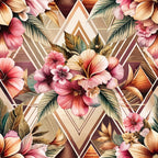 pink flowers, coral blooms, geometric triangles, art deco pattern, tropical leaves, palm fronds, hibiscus flowers, diamond shapes, peach tones, rose gold,, fabric panel, exotic florals, angular geometry, warm pastels, tropical paradise, vintage style, repeating pattern, botanical design, luxurious aesthetic