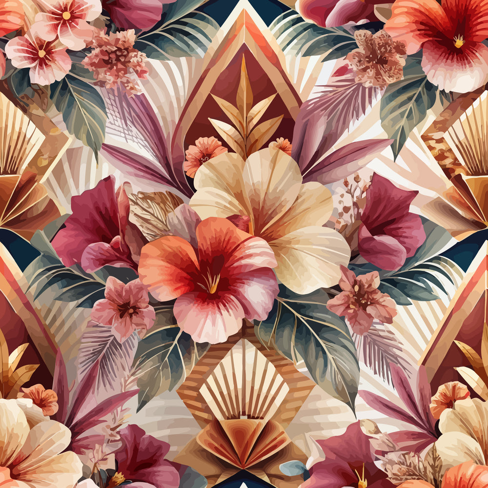 art deco, tropical florals, hibiscus flowers, geometric patterns, coral pink, burgundy, cream, teal, gold accents, diamond shapes, palm fronds, tropical leaves, vintage style,, fabric panel, floral motifs, warm tones, retro design, botanical print, repeating pattern