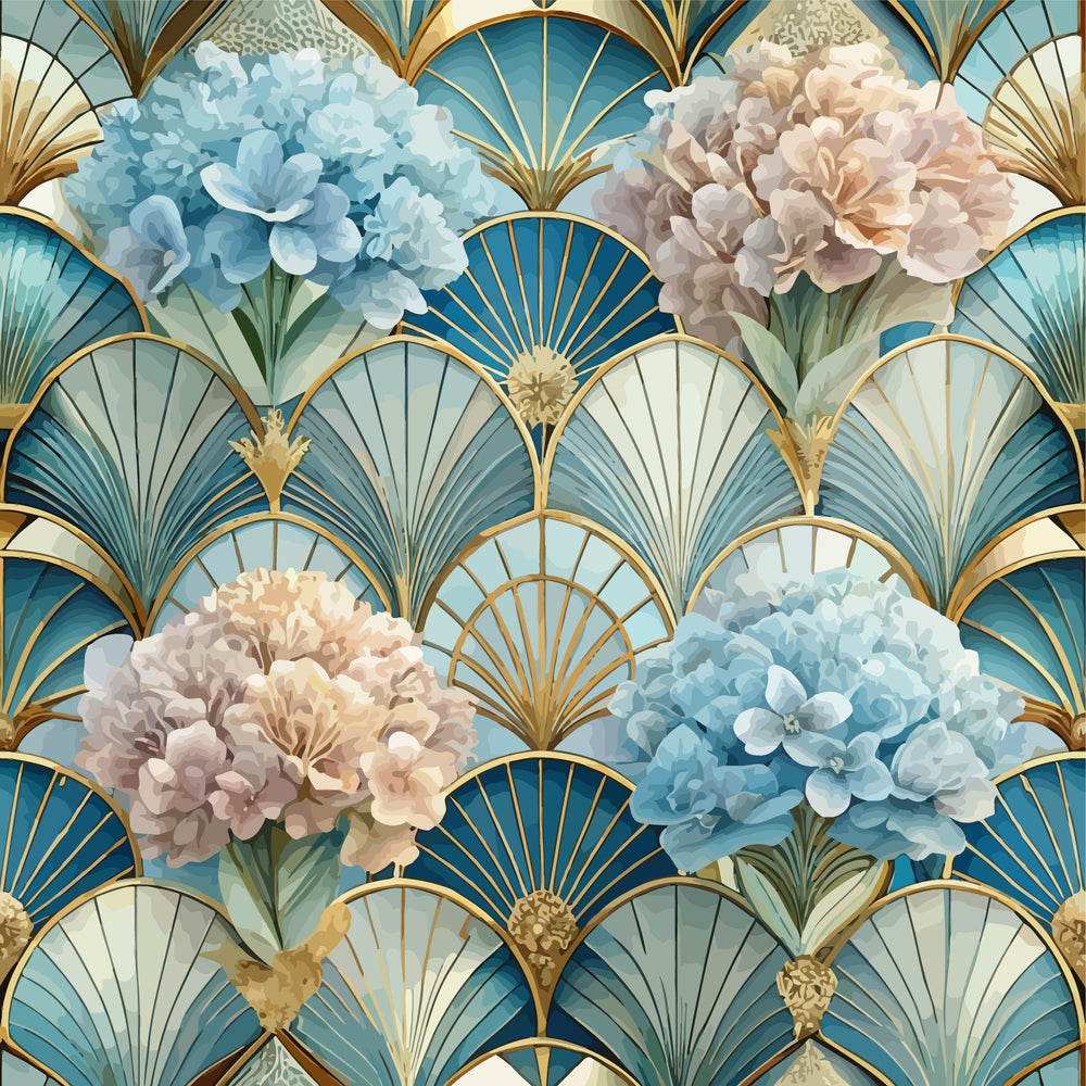 art deco, floral pattern, hydrangeas, blue flowers, peach flowers, cream flowers, gold accents, fan motifs, scalloped design, geometric elements, vintage style,, fabric panel, elegant florals, dusty blue, soft peach, ornate design, botanical print, layered petals, sophisticated pattern