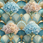 art deco, floral pattern, hydrangeas, blue flowers, peach flowers, cream flowers, gold accents, fan motifs, scalloped design, geometric elements, vintage style,, fabric panel, elegant florals, dusty blue, soft peach, ornate design, botanical print, layered petals, sophisticated pattern