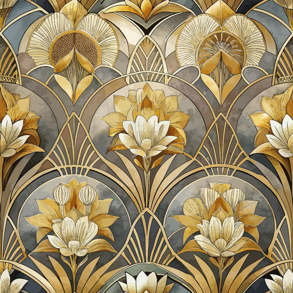 art deco, floral pattern, geometric design, gold tones, cream colors, gray background, stylized flowers, ornate motifs, fan shapes, radiating lines, luxury aesthetic, elegant design,, fabric panel, decorative circles, botanical elements, vintage style, sophisticated pattern, repeating design, ornamental florals