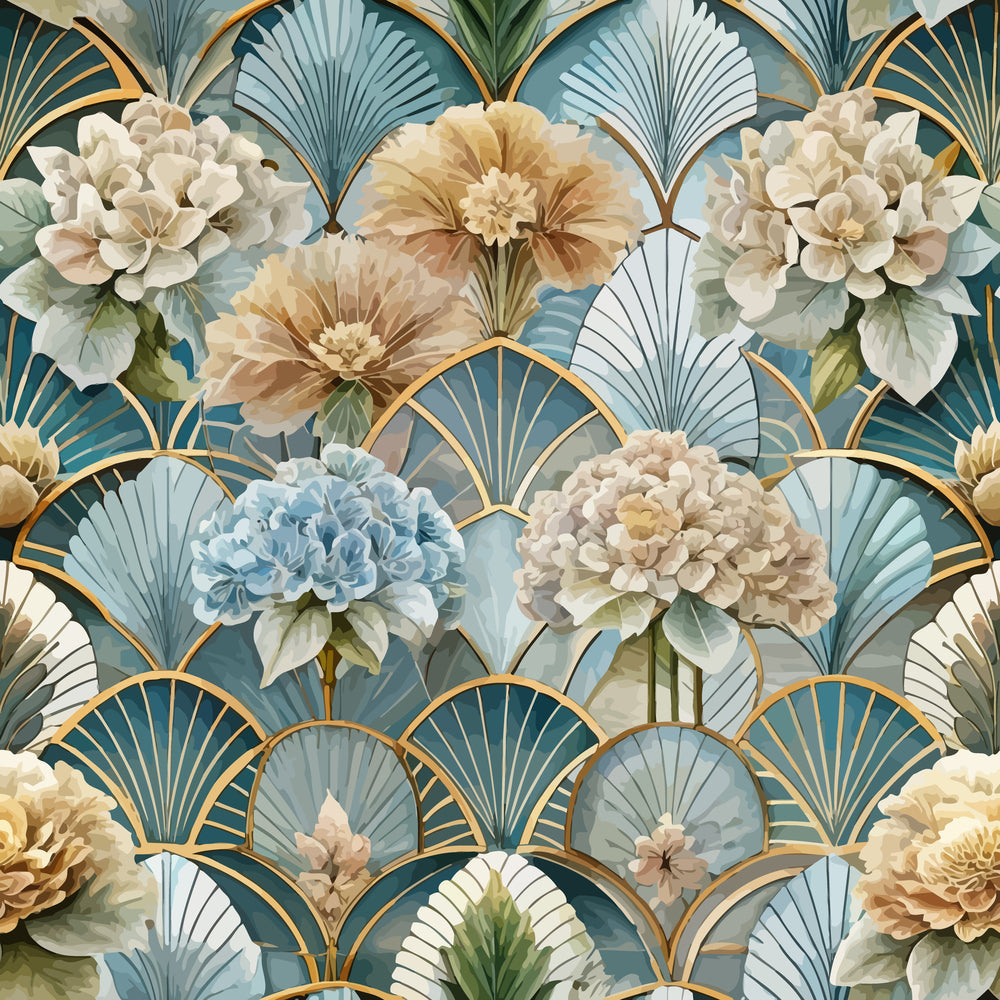 art deco, floral pattern, fan motifs, peonies, chrysanthemums, teal blue, sage green, cream white, golden yellow, beige tones, geometric shells, scalloped design, vintage florals,, fabric panel, botanical elements, layered petals, elegant blooms, soft pastels, decorative fans