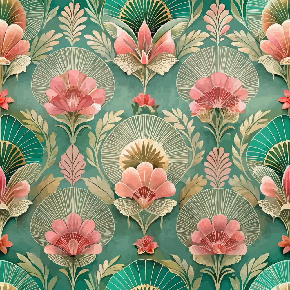 teal background, coral pink flowers, art deco pattern, fan motifs, tropical florals, geometric circles, vintage style,, fabric panel, stylized blooms, peacock feathers, ornamental design, retro floral, decorative fans, sage green, cream accents, repeating pattern, botanical motifs, 1920s inspired