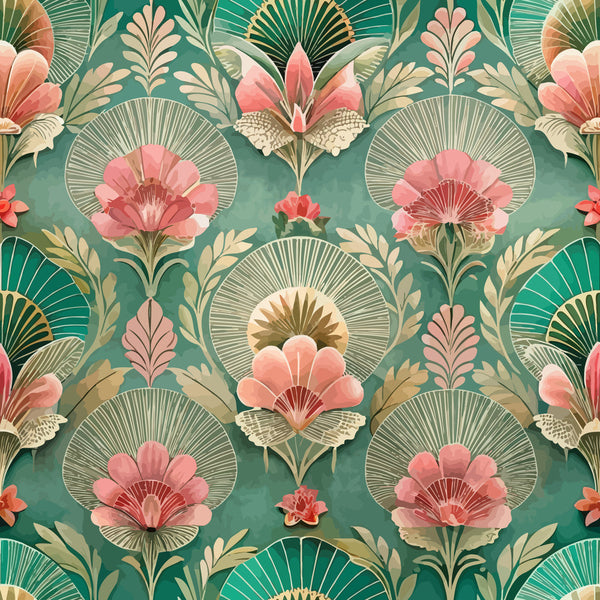 teal background, coral pink flowers, art deco pattern, fan motifs, tropical florals, geometric circles, vintage style,, fabric panel, stylized blooms, peacock feathers, ornamental design, retro floral, decorative fans, sage green, cream accents, repeating pattern, botanical motifs, 1920s inspired