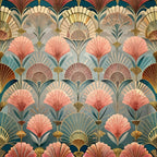 art deco, floral pattern, fan motifs, coral pink, teal blue, gold accents, sage green, peachy tones, geometric florals, vintage style, shell designs, layered fans, botanical elements,, fabric panel, repeating pattern, stylized flowers, 1920s inspired, elegant design, decorative motifs