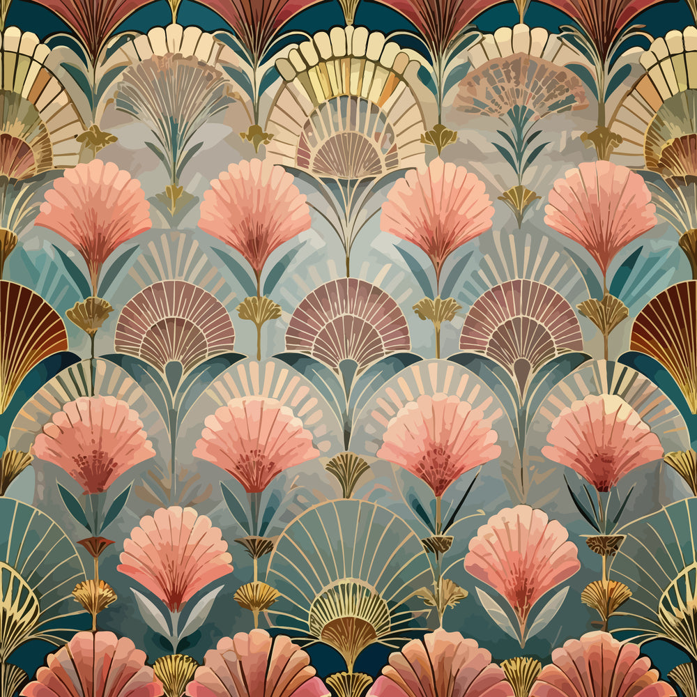 art deco, floral pattern, fan motifs, coral pink, teal blue, gold accents, sage green, peachy tones, geometric florals, vintage style, shell designs, layered fans, botanical elements,, fabric panel, repeating pattern, stylized flowers, 1920s inspired, elegant design, decorative motifs