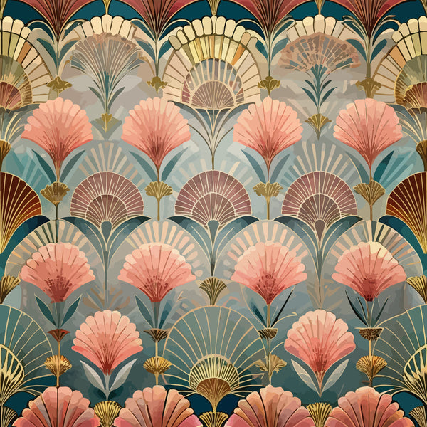 art deco, floral pattern, fan motifs, coral pink, teal blue, gold accents, sage green, peachy tones, geometric florals, vintage style, shell designs, layered fans, botanical elements,, fabric panel, repeating pattern, stylized flowers, 1920s inspired, elegant design, decorative motifs