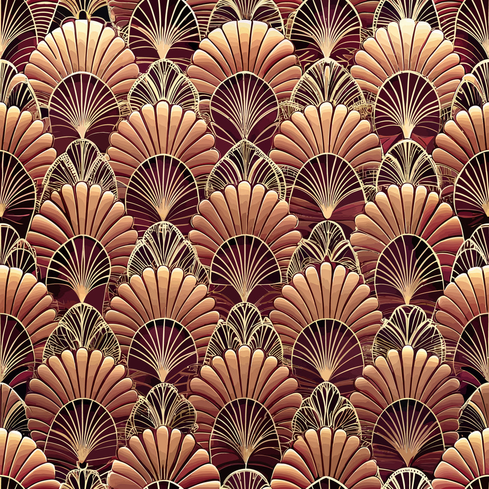 art deco, fan motifs, shell patterns, burgundy, gold, copper, bronze, cream, geometric design, repeating pattern, vintage style, ornate details, scalloped shapes, metallic accents, luxurious,, fabric panel, 1920s inspired, decorative fans, rich tones