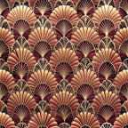 art deco, fan motifs, shell patterns, burgundy, gold, copper, bronze, cream, geometric design, repeating pattern, vintage style, ornate details, scalloped shapes, metallic accents, luxurious,, fabric panel, 1920s inspired, decorative fans, rich tones