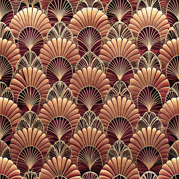 art deco, fan motifs, shell patterns, burgundy, gold, copper, bronze, cream, geometric design, repeating pattern, vintage style, ornate details, scalloped shapes, metallic accents, luxurious,, fabric panel, 1920s inspired, decorative fans, rich tones