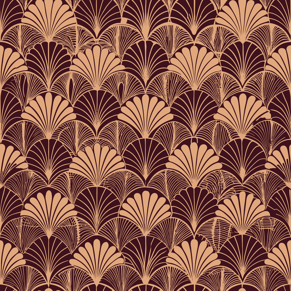 burgundy, peach, gold, art deco, fan motifs, scalloped patterns, geometric florals, vintage style, repeating design, elegant motifs,, fabric panel, 1920s inspired, luxurious pattern, ornate details, stylized flowers, decorative fans, rich colors, sophisticated design
