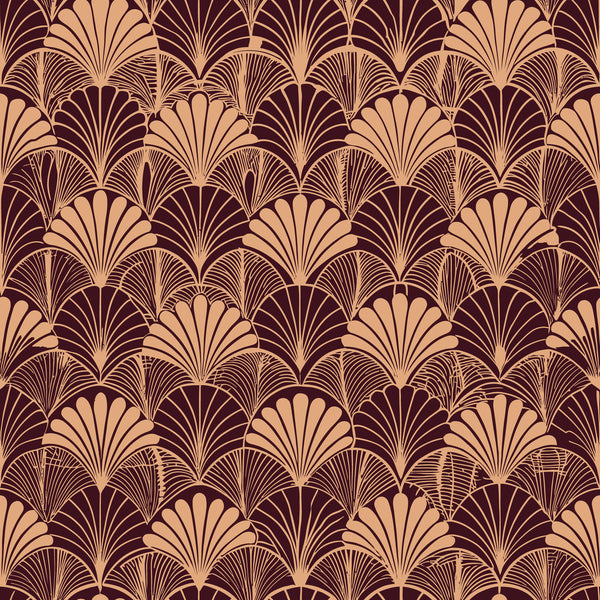 burgundy, peach, gold, art deco, fan motifs, scalloped patterns, geometric florals, vintage style, repeating design, elegant motifs,, fabric panel, 1920s inspired, luxurious pattern, ornate details, stylized flowers, decorative fans, rich colors, sophisticated design