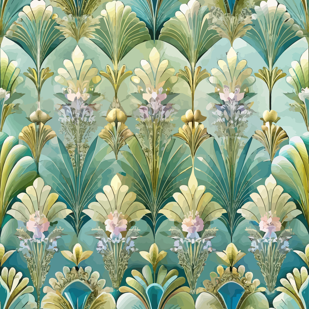 art deco, floral pattern, fan motifs, teal, sage green, cream, soft pink, lavender, geometric flowers, stylized blooms, vintage style, repeating pattern, ornamental design, decorative elements,, fabric panel, botanical motifs, symmetrical design, layered petals, peacock colors