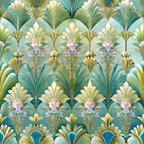 art deco, floral pattern, fan motifs, teal, sage green, cream, soft pink, lavender, geometric flowers, stylized blooms, vintage style, repeating pattern, ornamental design, decorative elements,, fabric panel, botanical motifs, symmetrical design, layered petals, peacock colors
