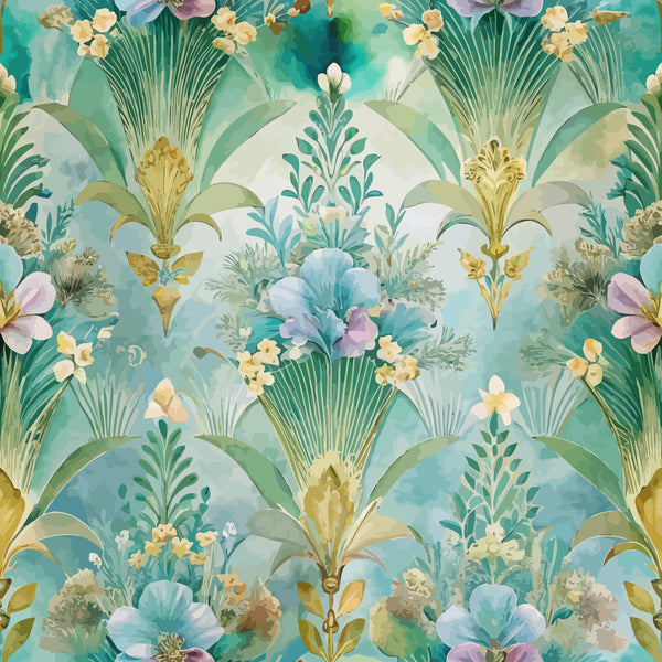 art deco, floral pattern, turquoise, teal, seafoam green, lavender, cream, gold accents, fan motifs, stylized flowers, geometric florals, tropical foliage, palm fronds, watercolor effect, elegant design,, fabric panel, luxurious style, vintage inspired, botanical elements