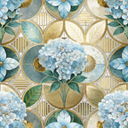 art deco, hydrangeas, blue flowers, geometric circles, botanical motif, cream background, sage green, powder blue, gold accents,, floral pattern, vintage style, overlapping circles, decorative leaves, watercolor effect, fabric panel, soft pastels, ornate design, repeating pattern