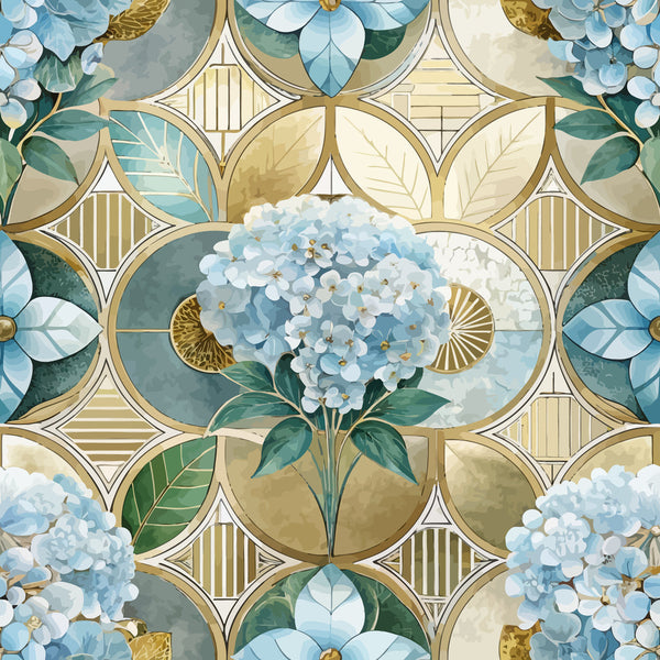 art deco, hydrangeas, blue flowers, geometric circles, botanical motif, cream background, sage green, powder blue, gold accents,, floral pattern, vintage style, overlapping circles, decorative leaves, watercolor effect, fabric panel, soft pastels, ornate design, repeating pattern