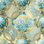turquoise, teal, gold, cream, art deco, geometric circles, hydrangea flowers, floral pattern, honeycomb motifs,, fabric panel, botanical design, layered petals, ornate framework, sophisticated palette, circular medallions, blooming florals, decorative pattern, cotton fabric, quilting material