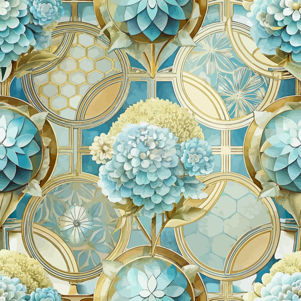 turquoise, teal, gold, cream, art deco, geometric circles, hydrangea flowers, floral pattern, honeycomb motifs,, fabric panel, botanical design, layered petals, ornate framework, sophisticated palette, circular medallions, blooming florals, decorative pattern, cotton fabric, quilting material