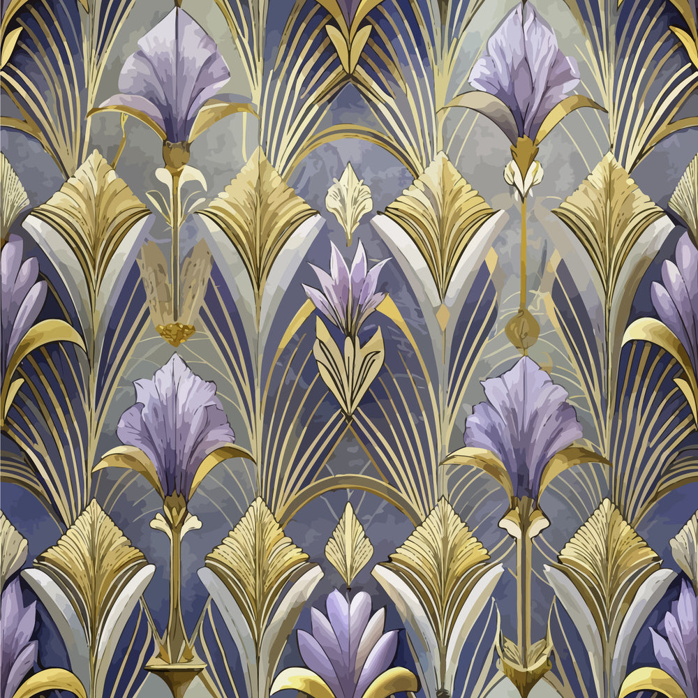 art deco, floral pattern, purple flowers, gold accents, geometric design, stylized blooms, lavender petals, metallic gold, fan motifs, repeating pattern,, fabric panel, elegant florals, vintage style, ornate design, decorative motifs, sophisticated palette, botanical elements, luxurious appearance