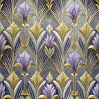 art deco, floral pattern, purple flowers, gold accents, geometric design, stylized blooms, lavender petals, metallic gold, fan motifs, repeating pattern,, fabric panel, elegant florals, vintage style, ornate design, decorative motifs, sophisticated palette, botanical elements, luxurious appearance