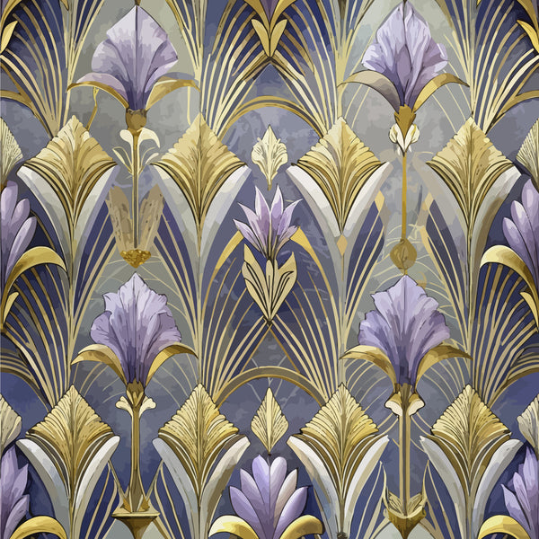art deco, floral pattern, purple flowers, gold accents, geometric design, stylized blooms, lavender petals, metallic gold, fan motifs, repeating pattern,, fabric panel, elegant florals, vintage style, ornate design, decorative motifs, sophisticated palette, botanical elements, luxurious appearance
