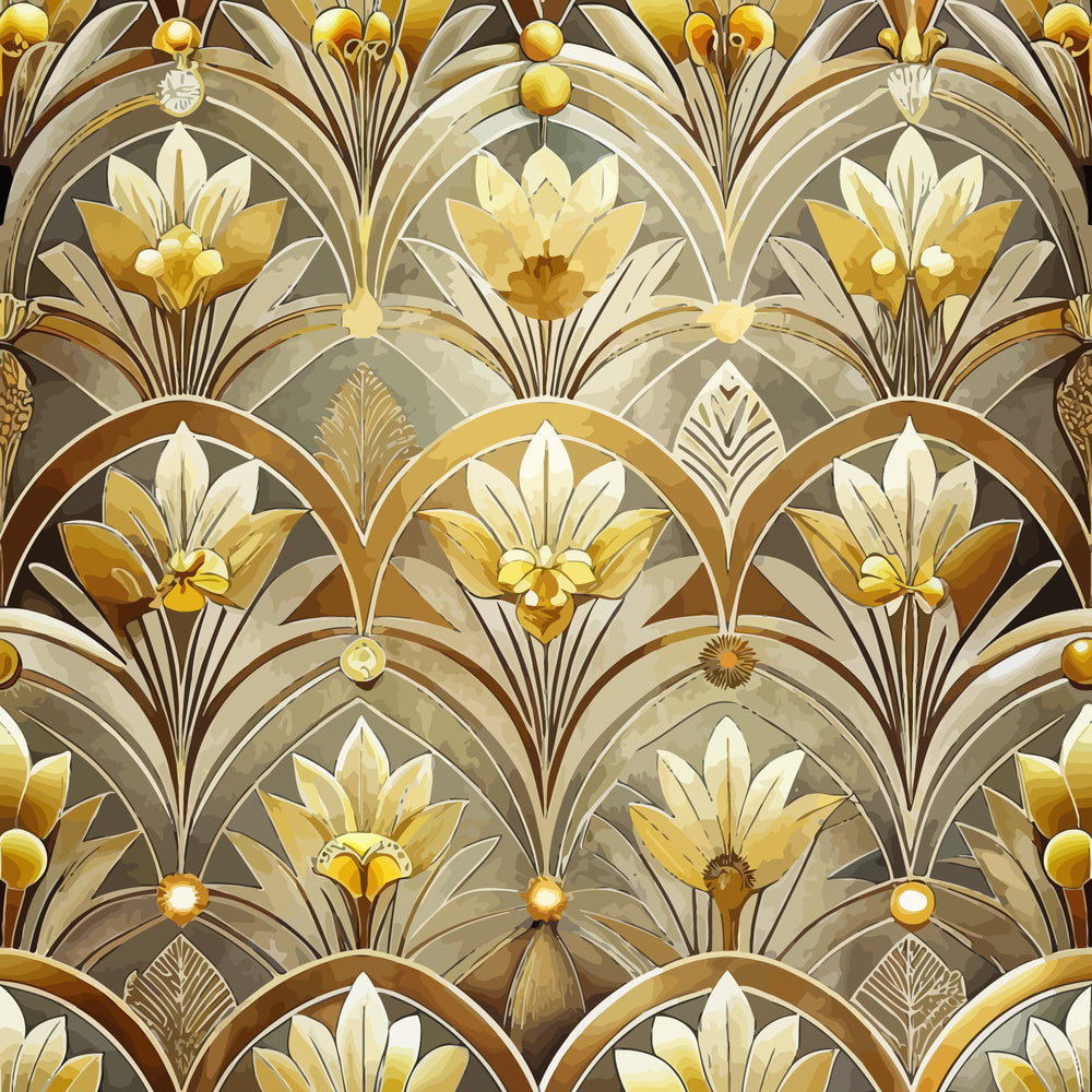 art deco, florals, geometric pattern, gold, amber, bronze, cream, beige, stylized flowers, fan motifs, scalloped arches, repeating design, vintage style, luxurious, elegant,, fabric panel, 1920s inspired, ornamental, decorative motifs