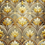 art deco, florals, geometric pattern, gold, amber, bronze, cream, beige, stylized flowers, fan motifs, scalloped arches, repeating design, vintage style, luxurious, elegant,, fabric panel, 1920s inspired, ornamental, decorative motifs