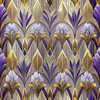 art deco, floral pattern, purple, gold, lavender, geometric design, stylized flowers, repeating motif,, fabric panel, vintage style, ornate details, symmetrical pattern, decorative elements, luxury aesthetic, botanical motifs, jewel tones, metallic accents, elegant design, ornamental florals