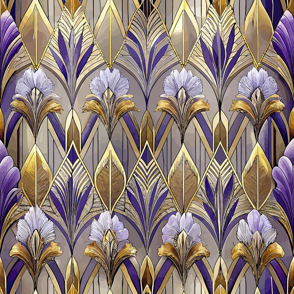 art deco, floral pattern, purple, gold, lavender, geometric design, stylized flowers, repeating motif,, fabric panel, vintage style, ornate details, symmetrical pattern, decorative elements, luxury aesthetic, botanical motifs, jewel tones, metallic accents, elegant design, ornamental florals