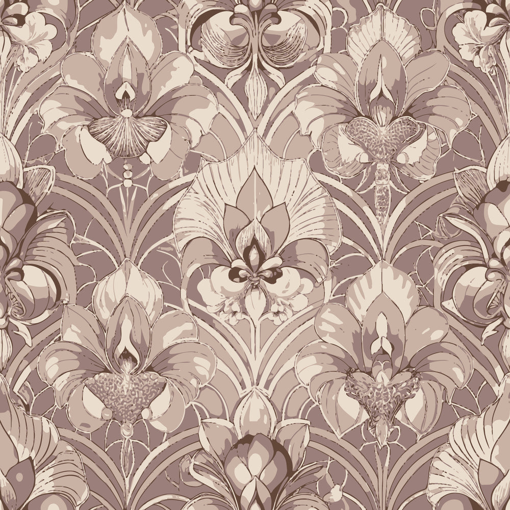 beige, taupe, sepia, monochromatic, orchids, floral motifs, art deco, symmetrical pattern, botanical design, vintage style,, fabric panel, elegant florals, repeating pattern, neutral tones, sophisticated design, decorative flowers, ornate petals, textured blooms