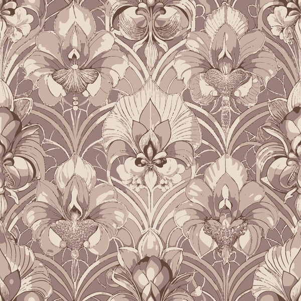beige, taupe, sepia, monochromatic, orchids, floral motifs, art deco, symmetrical pattern, botanical design, vintage style,, fabric panel, elegant florals, repeating pattern, neutral tones, sophisticated design, decorative flowers, ornate petals, textured blooms