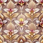art deco, floral pattern,, fabric panel, burgundy, mauve, cream, gold, geometric flowers, stylized blooms, fan motifs, vintage style, repeating pattern, ornate design, decorative leaves, luxury aesthetic, warm tones, botanical elements, sophisticated pattern, retro florals