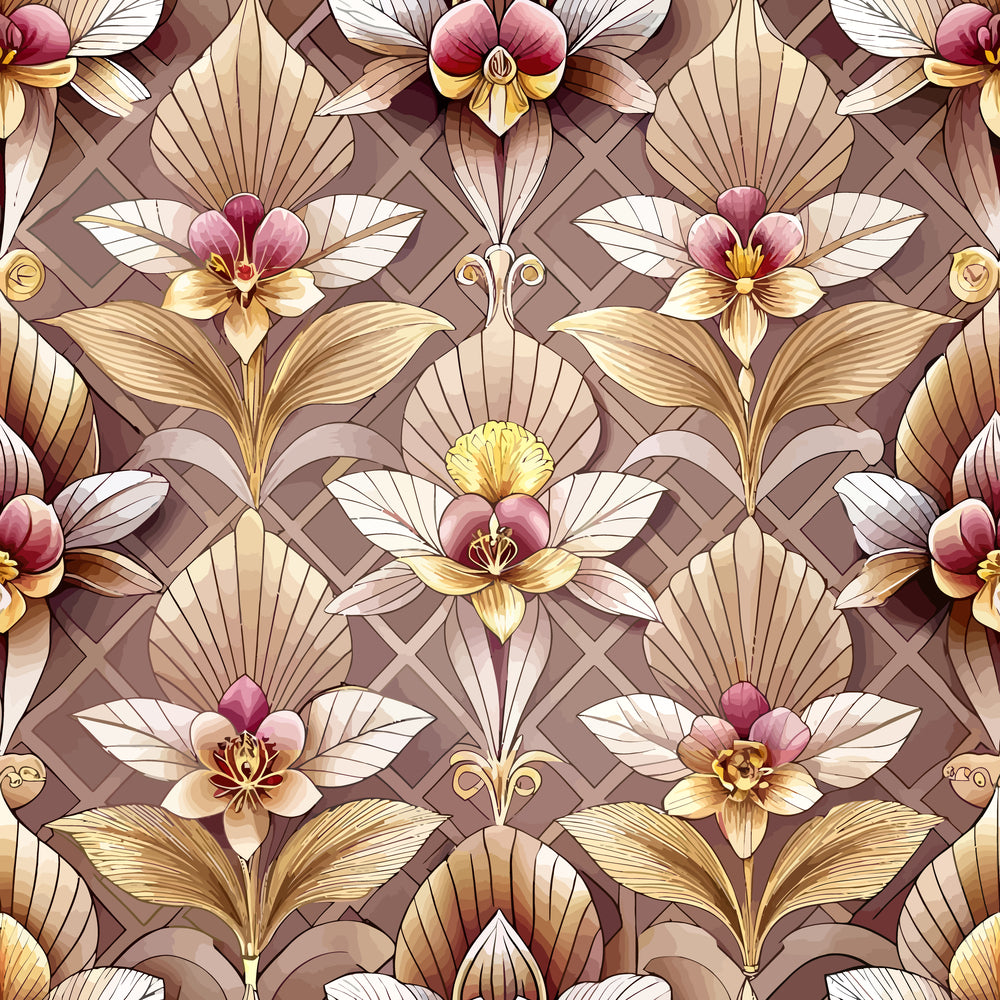 art deco, floral pattern,, fabric panel, burgundy, mauve, cream, gold, geometric flowers, stylized blooms, fan motifs, vintage style, repeating pattern, ornate design, decorative leaves, luxury aesthetic, warm tones, botanical elements, sophisticated pattern, retro florals